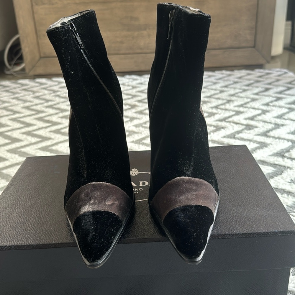 Prada black and grey velvet booties. Size 5.5. 4 inch heel